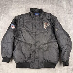 Atlanta Falcons Jacket Mens XL Black NFL Football Vtg Y2k Hooded Reebok Quilted